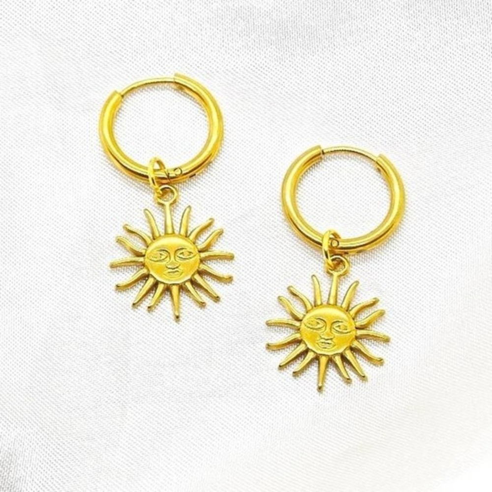 Gold Stainless Steel Sun Charm Earrings
